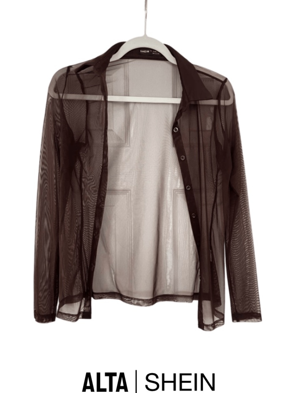 SHEIN Black Sheer Long-Sleeve Button-Up Blouse